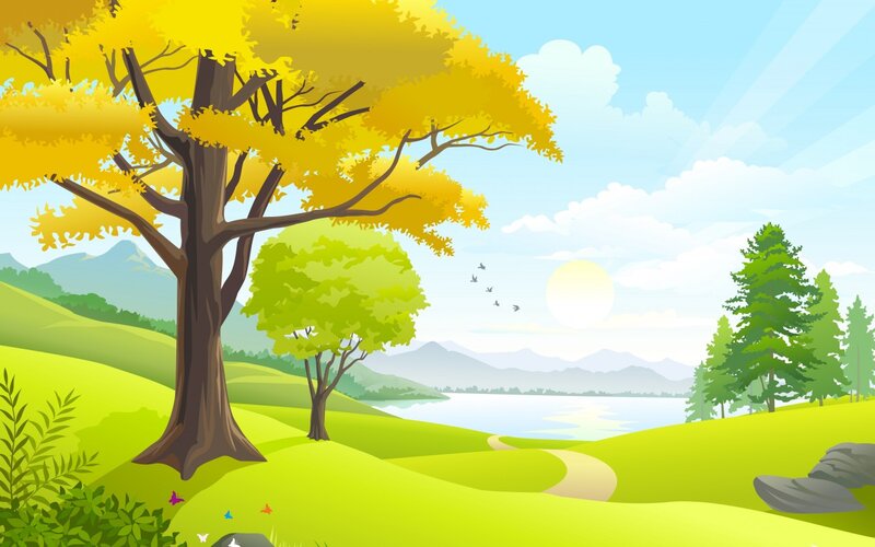 Autumn Tree by Lake — Yellow, Serene, Illustration
