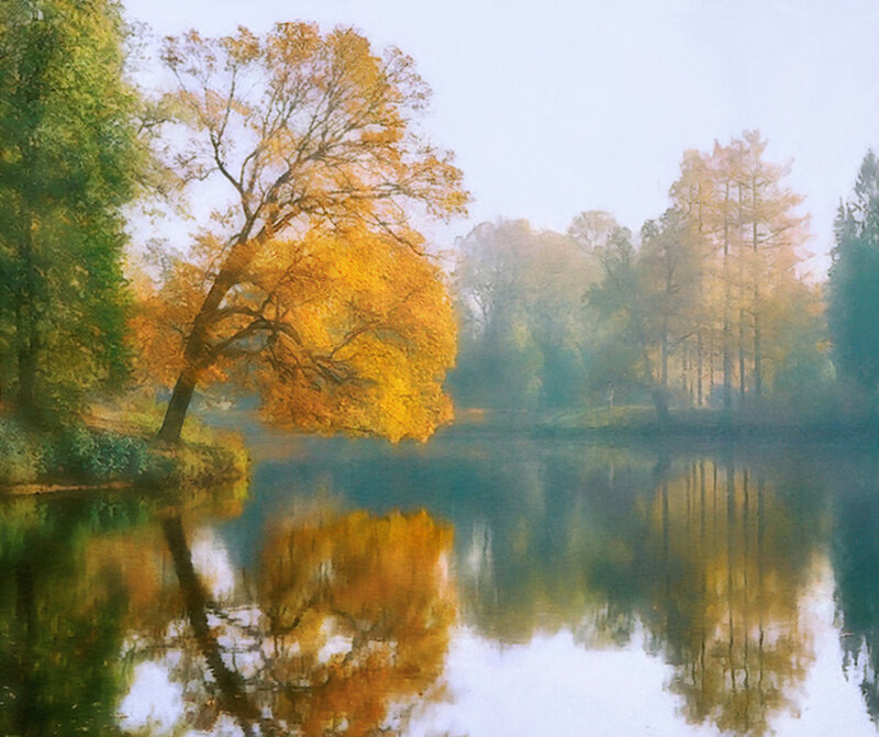 Autumn Tree by Lake — Yellow, Serene, Painting
