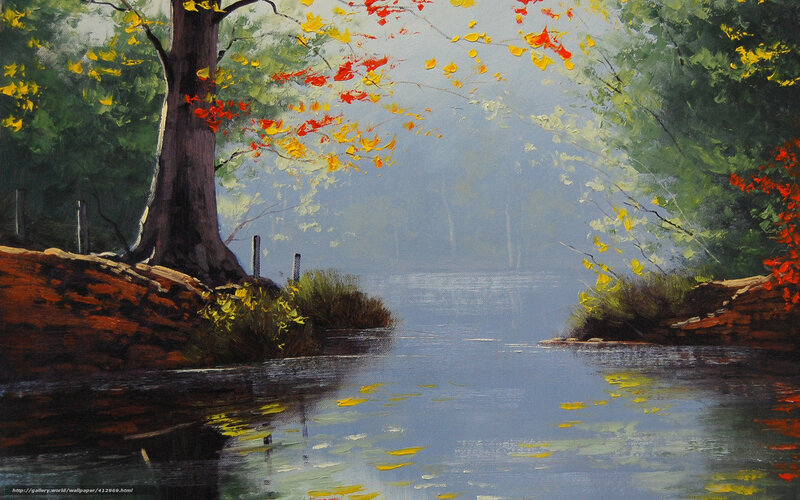 Autumn Tree by River — Green, Serene