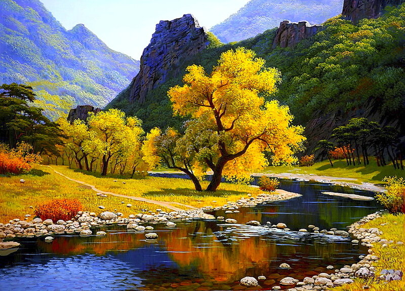 Autumn Tree by River — Yellow, Serene, Painting