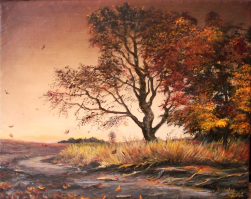 Autumn Tree by Stream — Orange, Serene