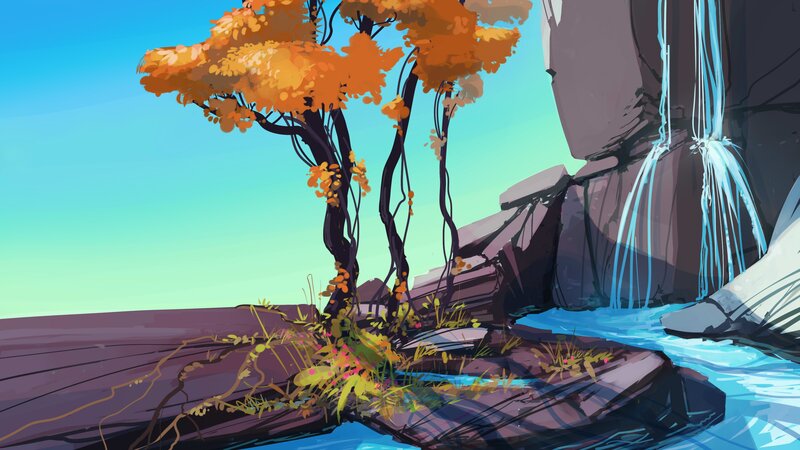 Autumn Tree by Waterfall — Orange, Serene, Digital Art