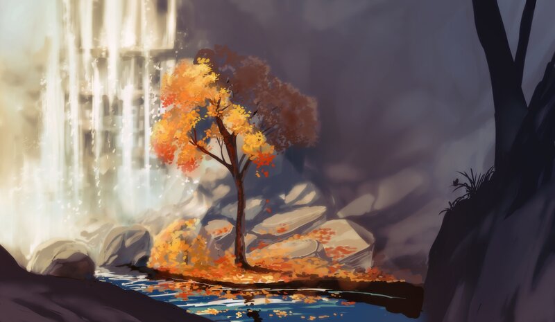 Autumn Tree by Waterfall — Orange