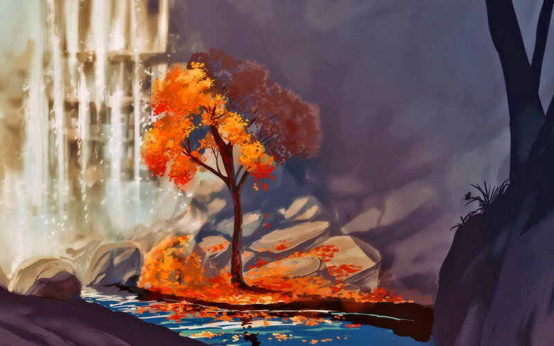 Autumn Tree by Waterfall