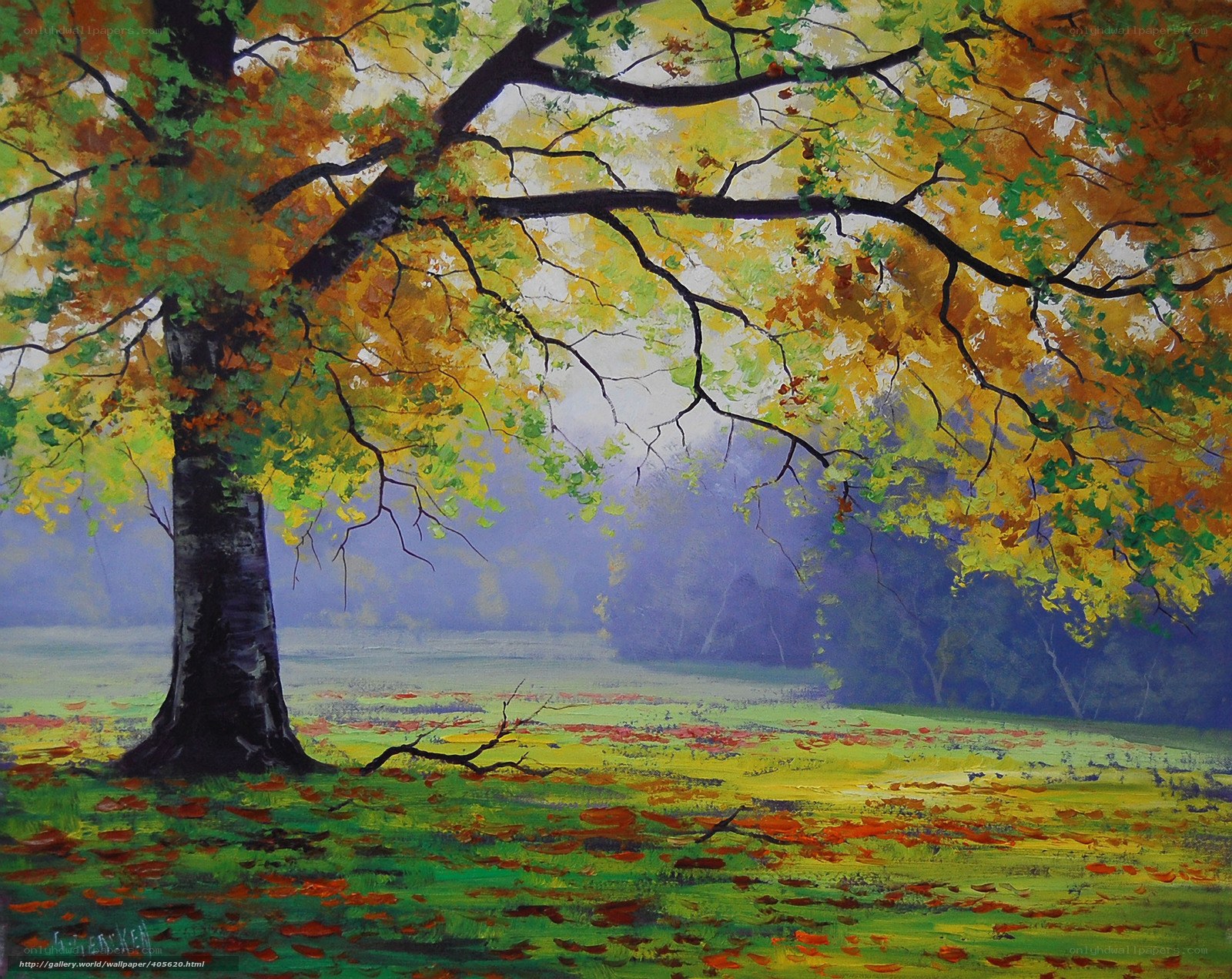 Autumn tree in a misty field