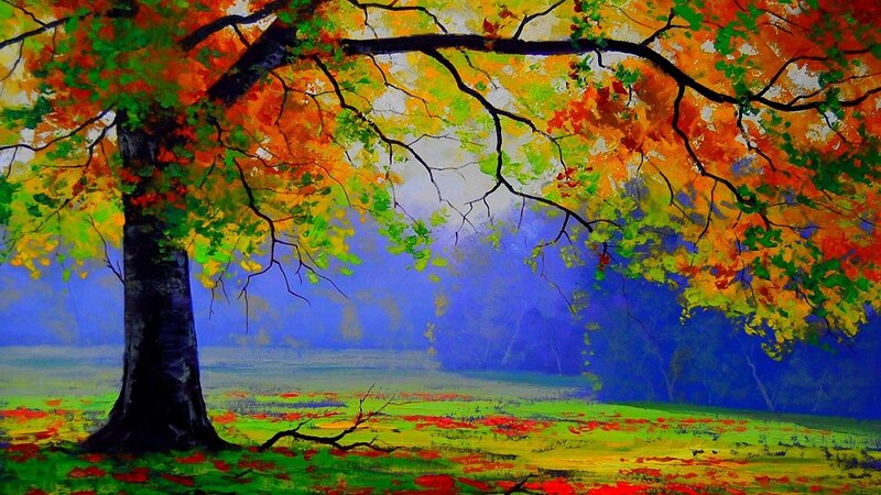 Autumn Tree in Field — Green, Serene, Painting