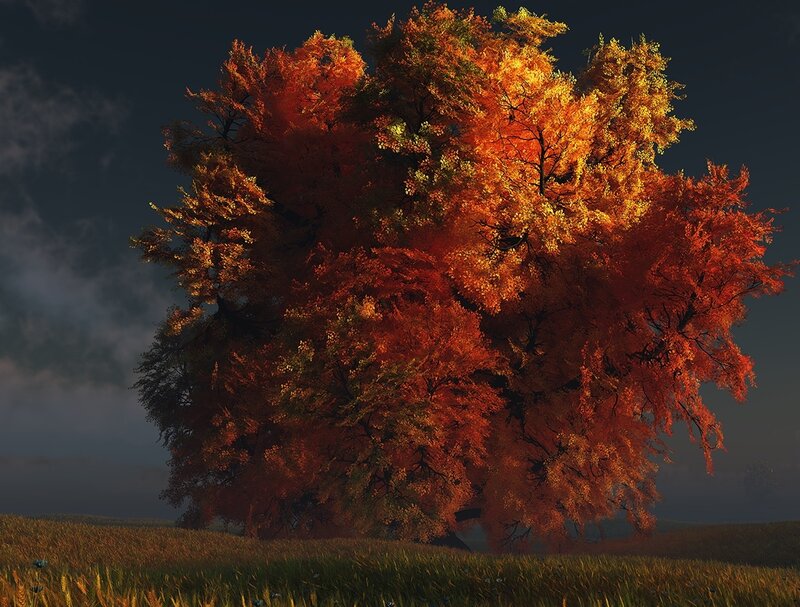 Autumn Tree in Field — Orange, Dramatic, Digital Art, Sky