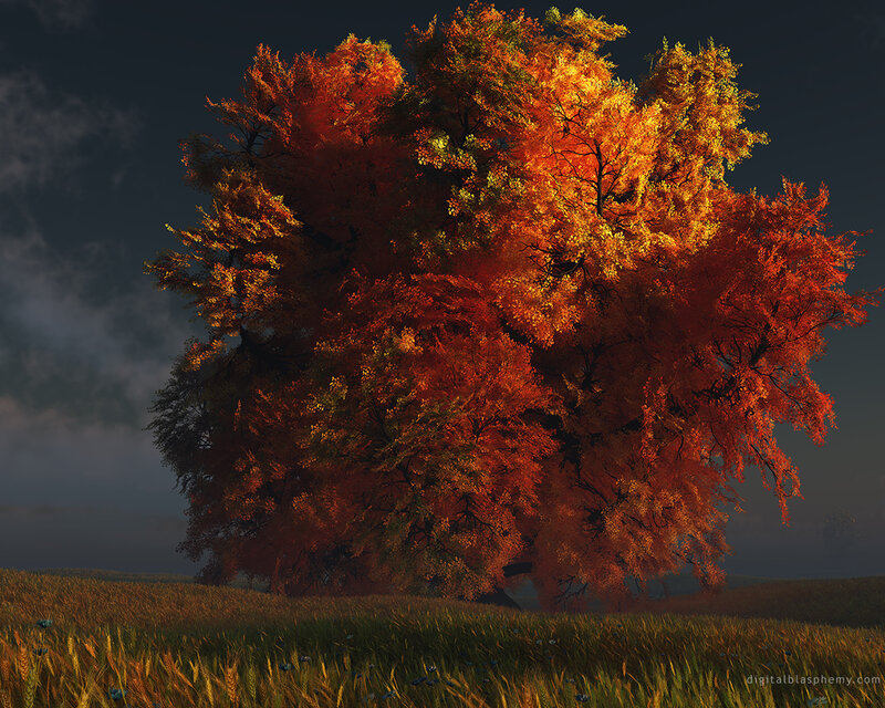 Autumn Tree in Field — Orange, Dramatic, Night