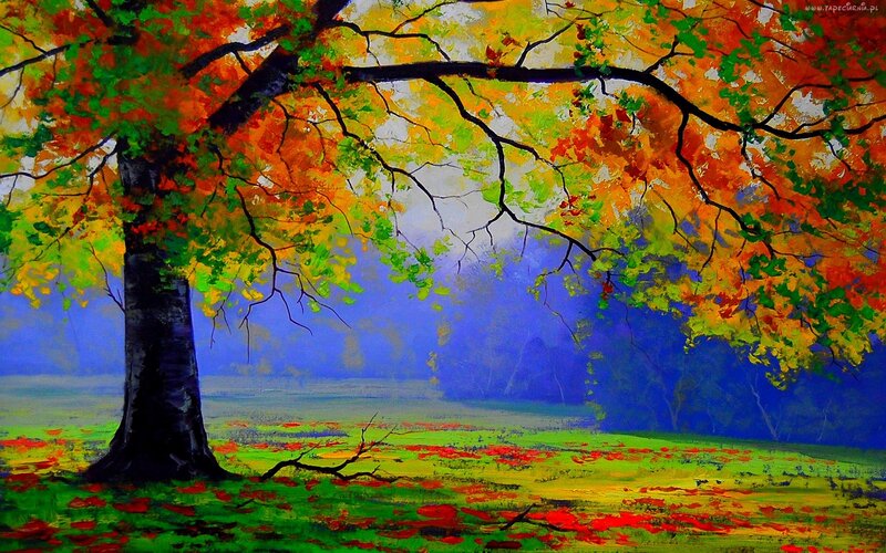 Autumn Tree in Field — Orange, Serene, Painting, Leaves, Green