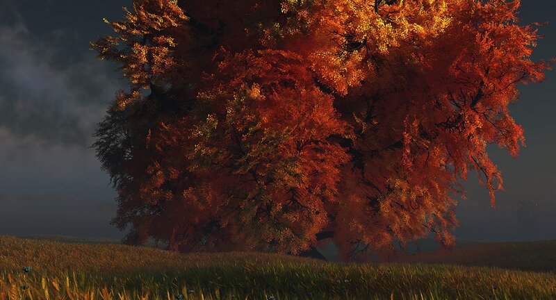 Autumn Tree in Field — Red, Dramatic