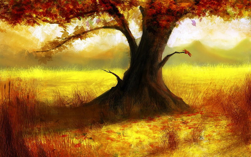 Autumn Tree in Field — Yellow, Serene, Digital Art