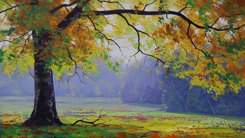 Autumn Tree in Field — Yellow, Serene, Painting
