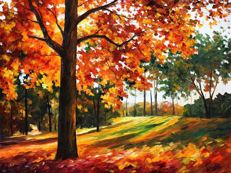 Autumn Tree in Forest — Orange, Serene, Painting