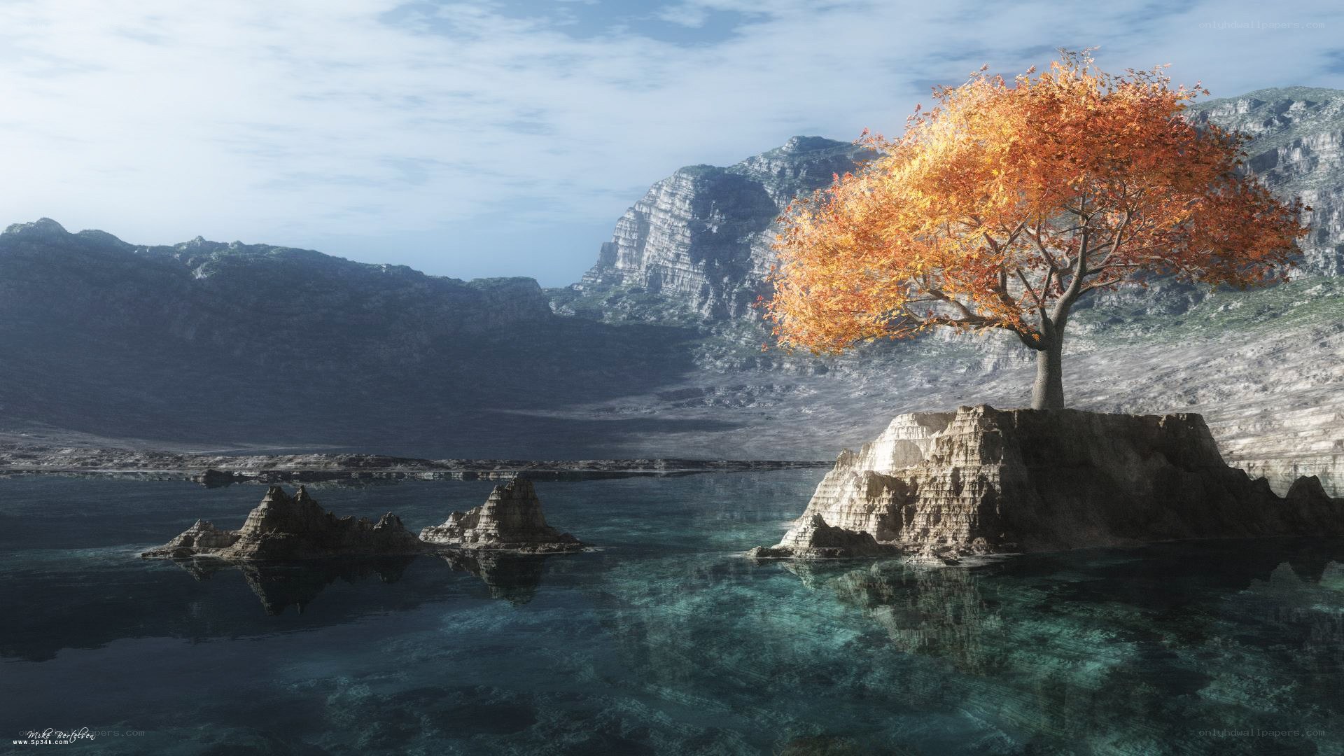 Autumn tree on a rock island