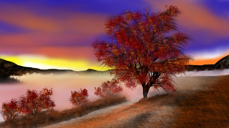 Autumn Tree on Hill — Red, Serene