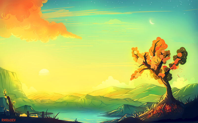 Autumn Tree on Hill — Yellow, Serene