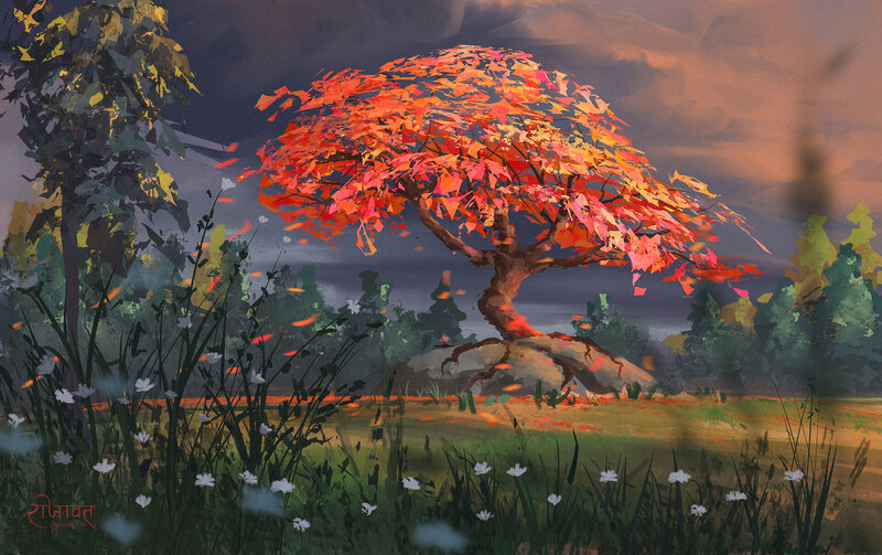 Autumn Tree on Rock — Red