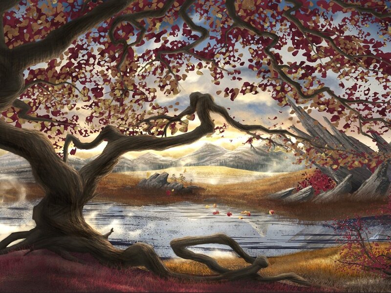 Autumn Tree over River — Red, Serene