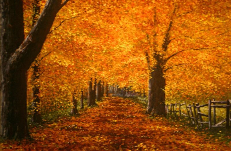 Autumn Tree Tunnel — Orange, Serene, Painting