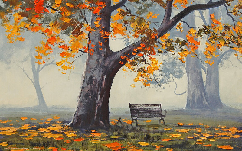 Autumn Tree with Bench — Orange, Serene, Painting, Leaves