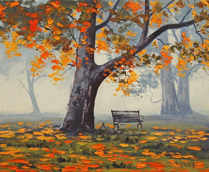 Autumn Tree with Bench — Orange, Serene, Painting