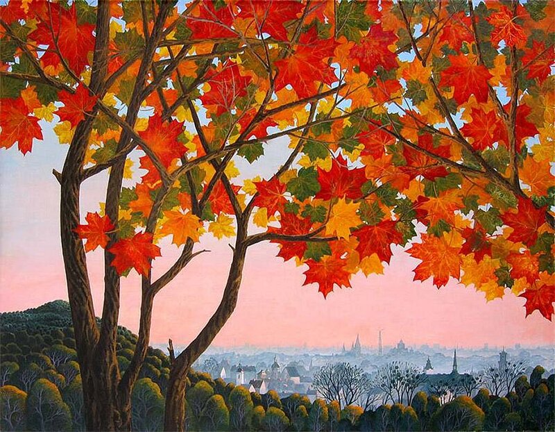 Autumn Tree with City View — Red