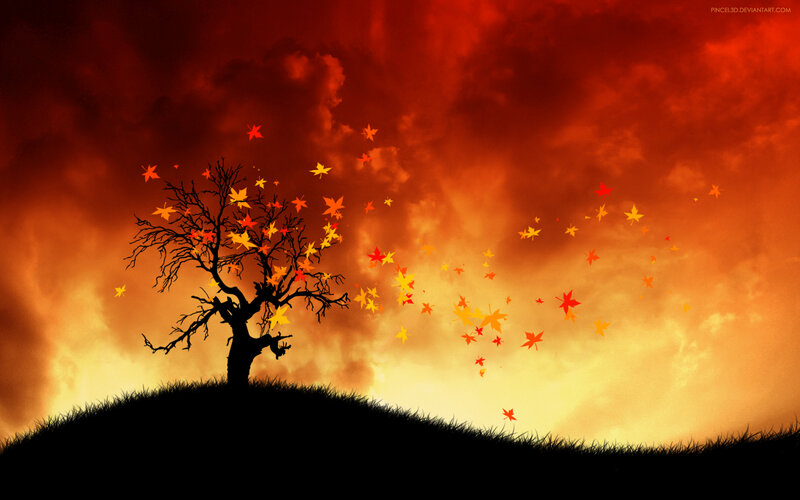 Autumn tree with falling leaves