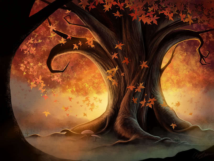 Autumn tree with falling leaves
