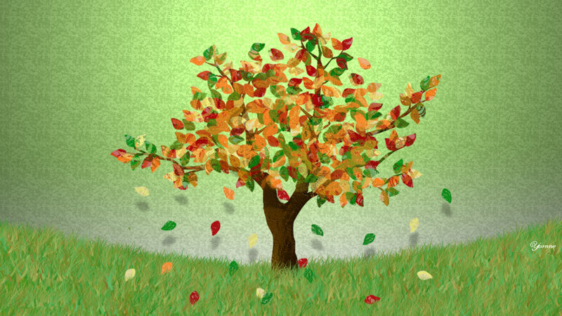 Autumn Tree with Falling Leaves — Green
