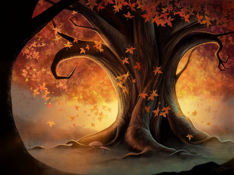 Autumn Tree with Falling Leaves — Orange, Serene