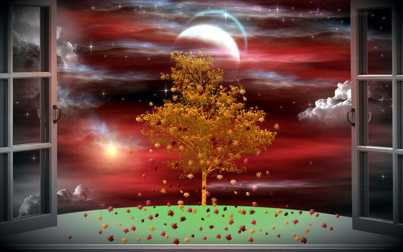 Autumn Tree with Falling Leaves — Red