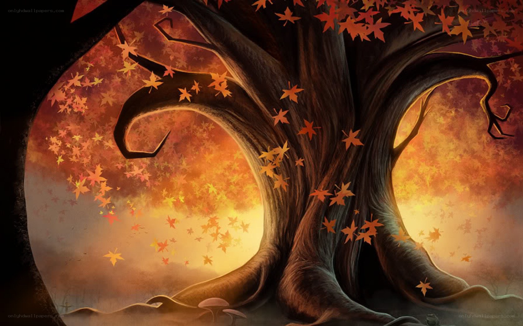 Autumn tree with falling leaves