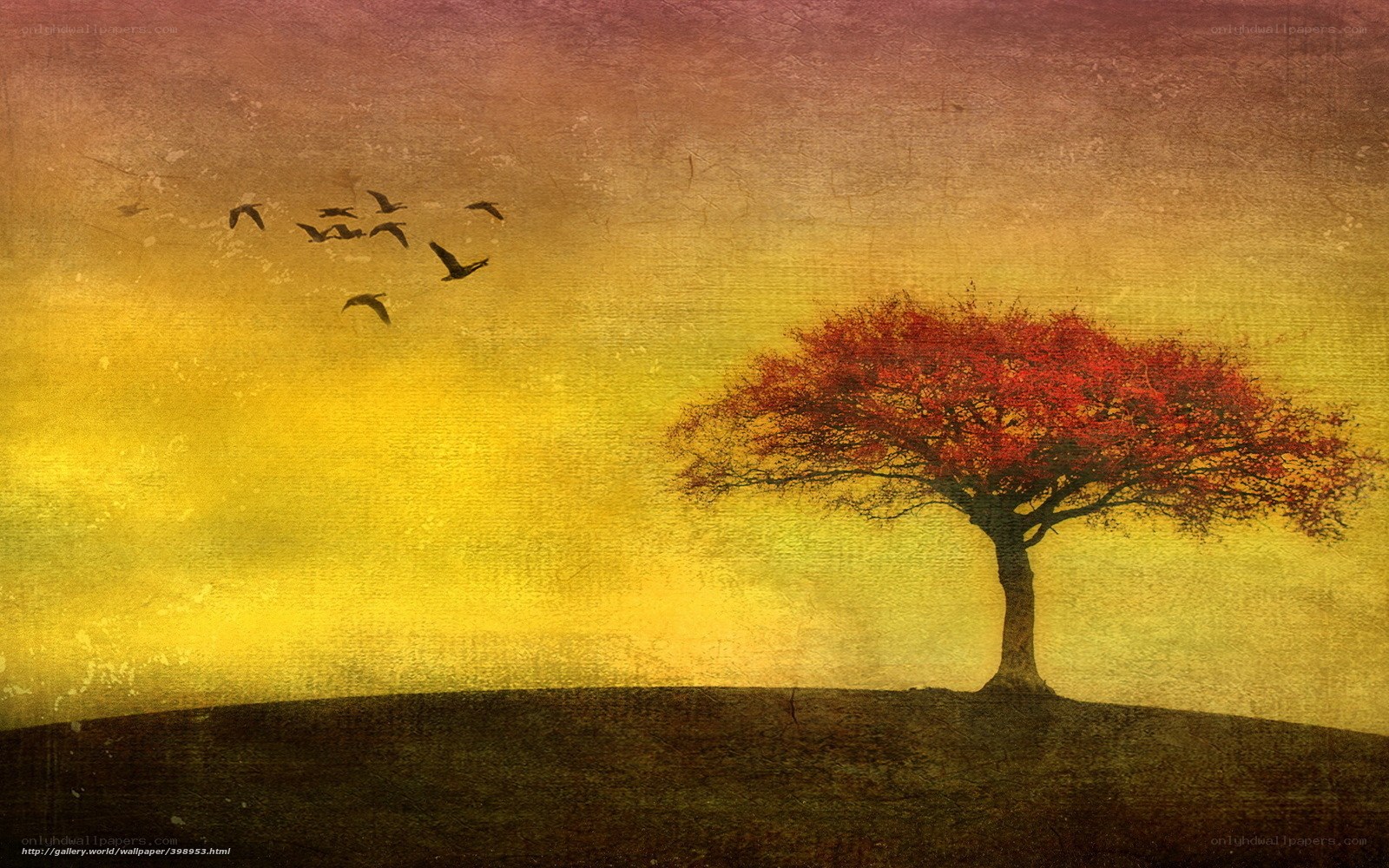 Autumn tree with flying birds