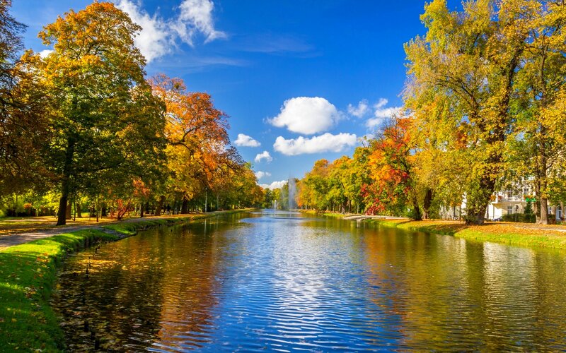 Autumn Trees Along Canal — Blue