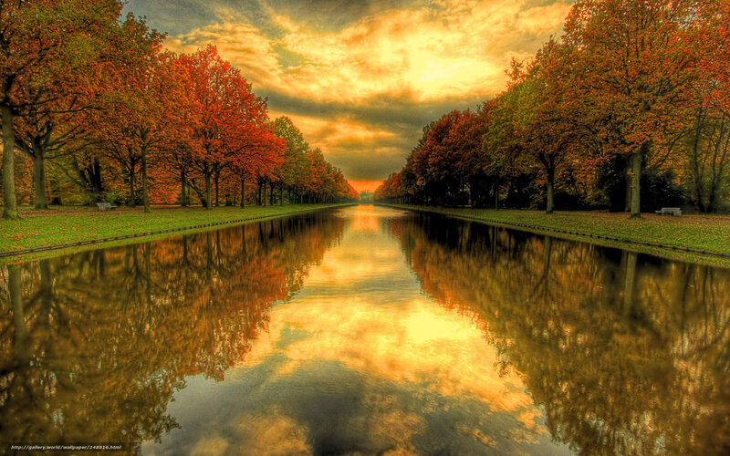 Autumn Trees Along Canal — Orange, Serene, Sunset