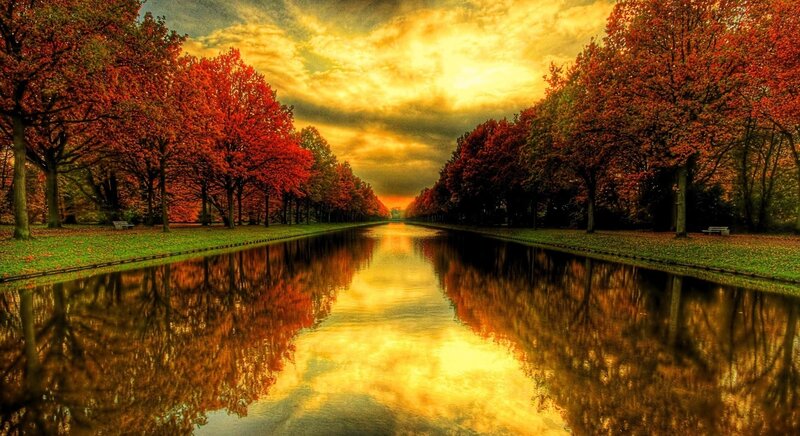 Autumn Trees Along Canal — Red, Dramatic, Sunset, Photograph