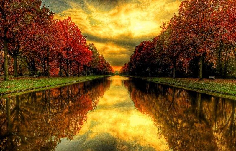 Autumn Trees Along Canal — Red, Dramatic, Sunset