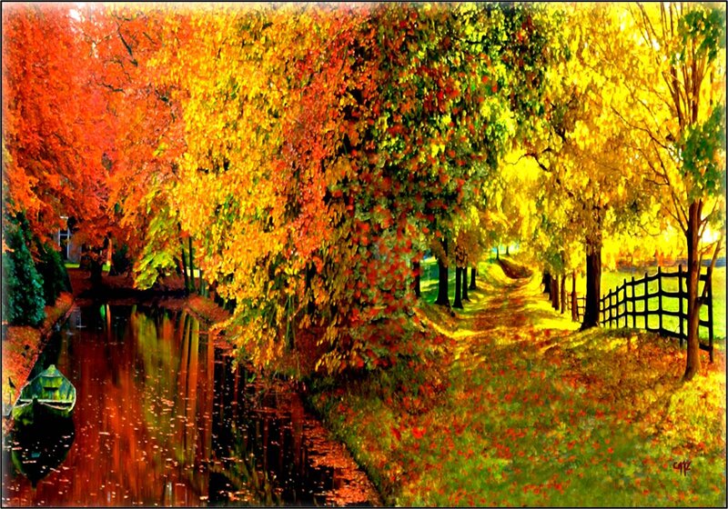 Autumn Trees Along Canal — Red, Serene, Digital Art
