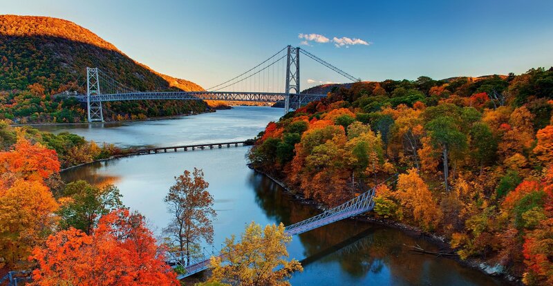 Autumn Trees and Bridge — Orange, Serene