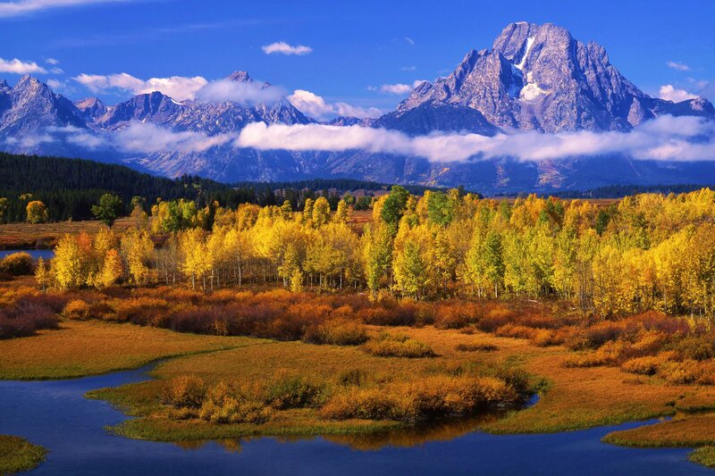 Autumn Trees and Mountains — Blue, Serene, Photograph, River