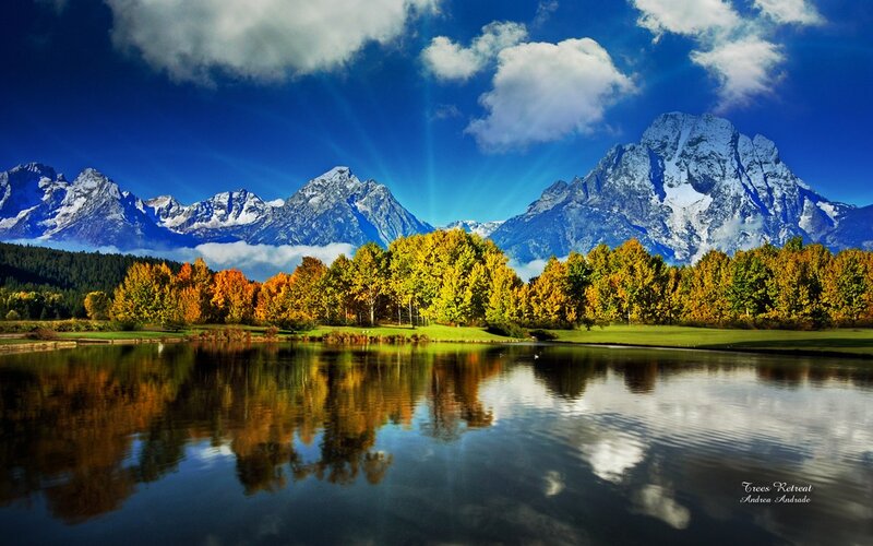 Autumn Trees and Mountains — Blue, Serene, Photograph