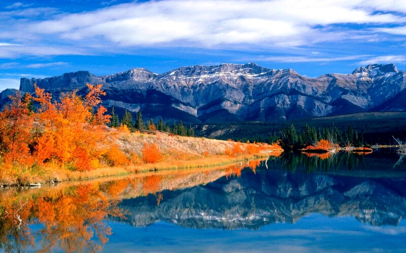 Autumn Trees and Mountains — Blue, Serene