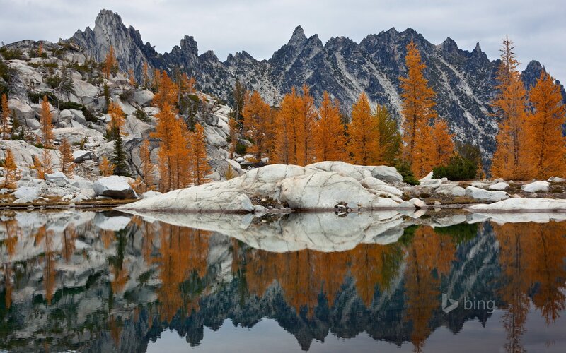 Autumn Trees and Mountains — Orange, Serene, Photograph, Lake, Rocks