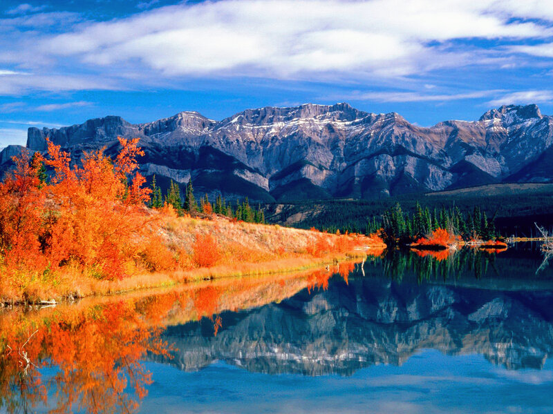 Autumn Trees and Mountains — Orange, Serene, Photograph, Lake