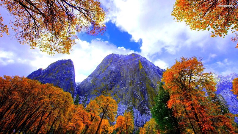 Autumn Trees and Mountains — Orange, Serene, Photograph, Sky, Clouds