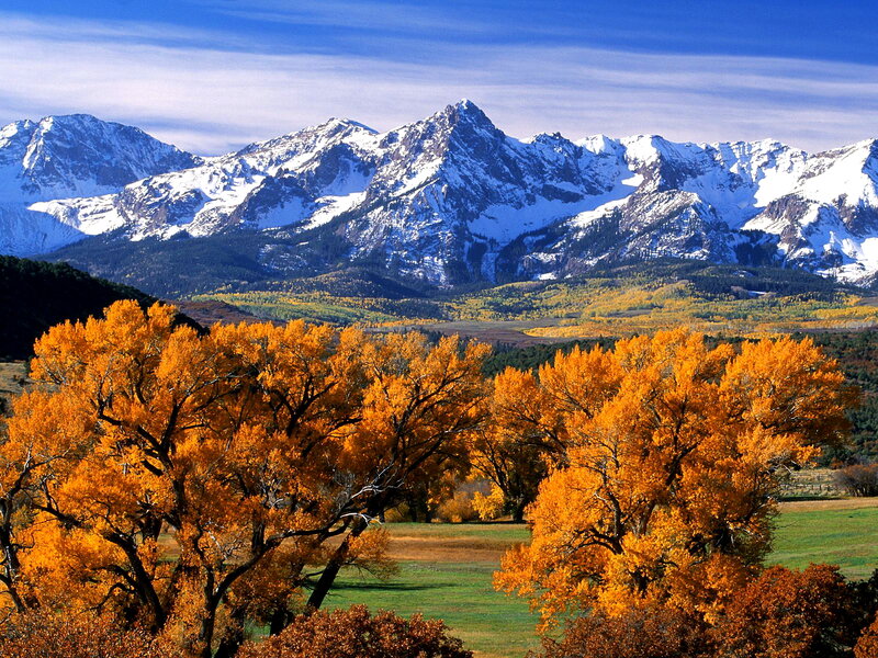 Autumn Trees and Mountains — Orange, Serene, Photograph