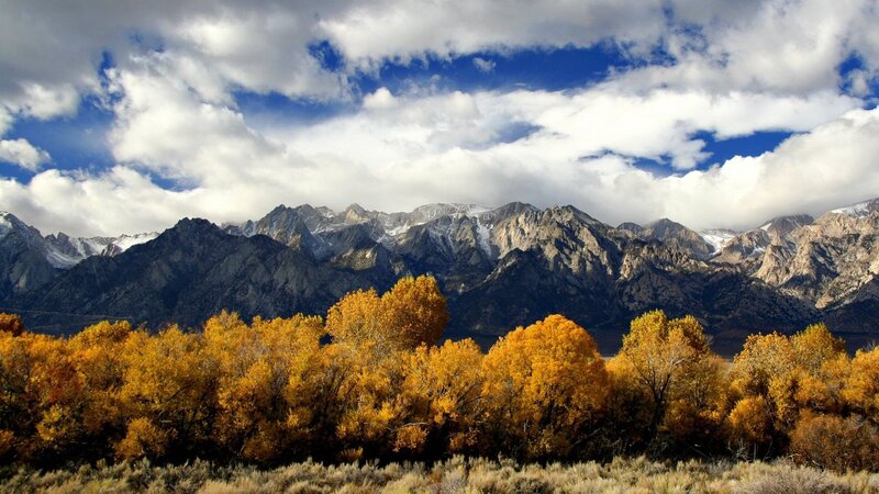 Autumn Trees and Mountains — Yellow, Dramatic, Photograph, Clouds, Blue