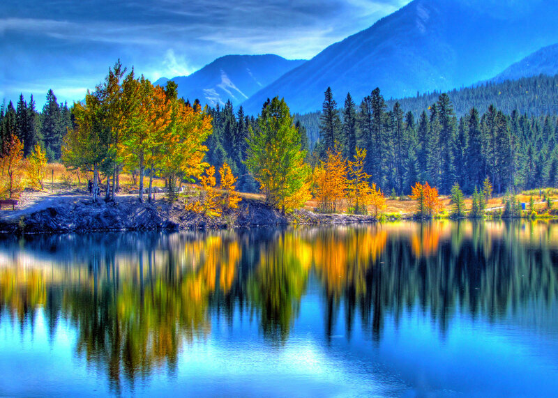 Autumn Trees at Lake — Blue
