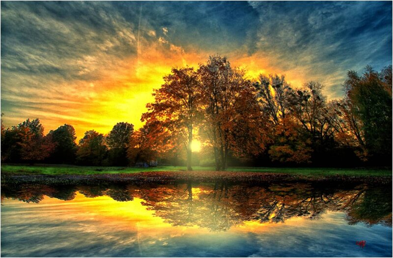 Autumn Trees at Sunset — Orange, Dramatic, Photograph, River