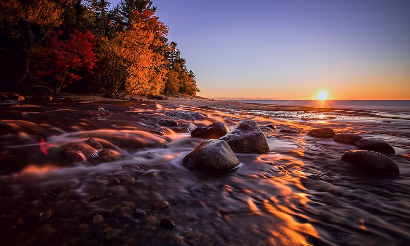 Autumn Trees at Sunset — Orange, Serene, Photograph, Rocks